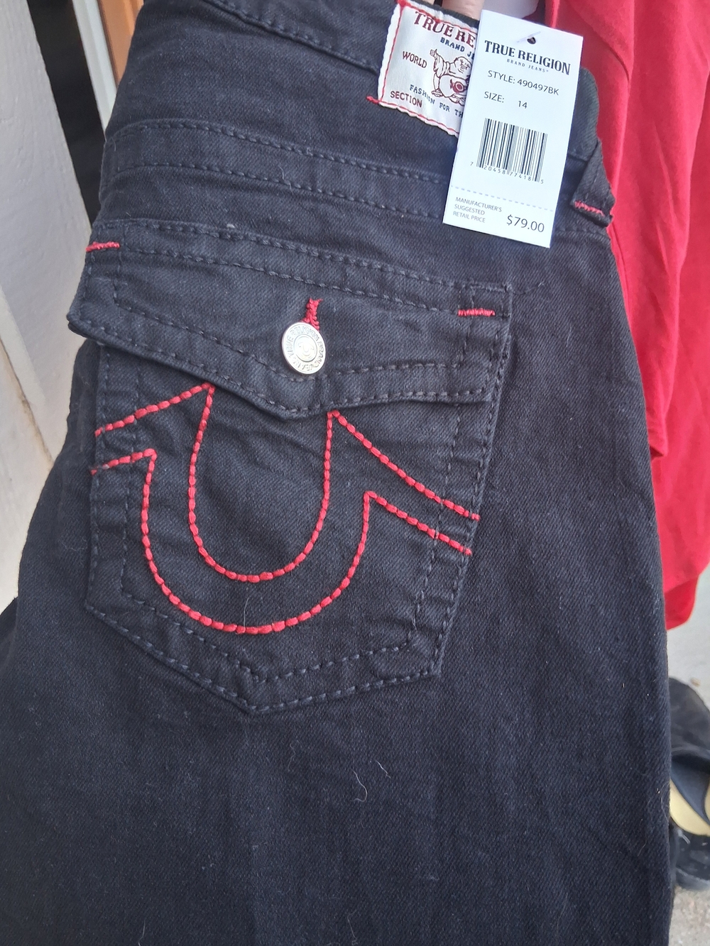 True Religion Women’s Black Jeans with Red Stitching - Size 14
